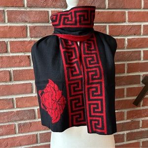 •Versace Wool Cashmere Knit Reversible Black Red Medusa Scarf 11”x68”